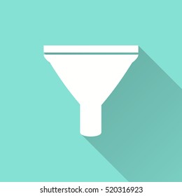 Funnel vector icon with long shadow. White illustration isolated on green background for graphic and web design.