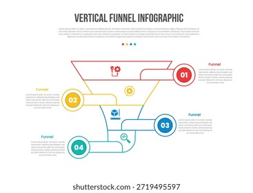 Diagrama de Plantilla de infografías de forma de Vertical de embudo con extensión de rectángulo redondo con borde circular opuesto con paso de 4 puntos Vector de contorno plano simple creativo