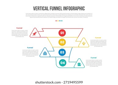 Trichter vertikale Form Infografik Vorlage Diagramm mit runden Dreieck Kante mit gegenüberliegenden Position mit 4 Punkt Schritt kreative einfache flache Umrissvektor