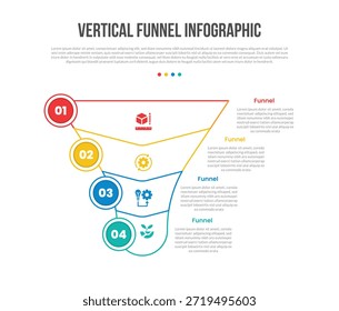 Diagrama de Plantilla de infografías de forma de Vertical de embudo con insignia circular en el lado izquierdo con dirección inferior de flecha con paso de 4 puntos Vector de contorno plano simple creativo