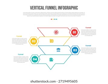 Diagrama de Plantilla de infografías de forma de Vertical de embudo con caja afilada oblicua con borde hexagonal opuesto con paso de 4 puntos Vector de contorno plano simple creativo