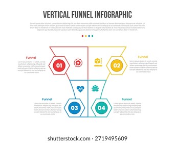 Diagrama de Plantilla de infografías de forma de Vertical de embudo con estructura de cuadrante con insignia hexagonal con paso de 4 puntos Vector de contorno plano simple creativo