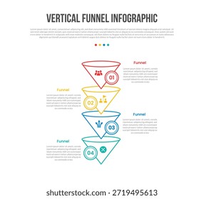 diagrama de modelo de infográficos de forma vertical de funil com pequena estrutura de pilha de funil 3d com emblema de círculo oposto com passo de 4 pontos criativo simples vetor de contorno plano