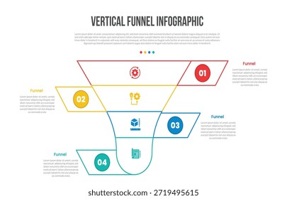 funnel vertical shape infographics template diagram with long extension ribbon badge with circle inside with 4 point step creative simple flat outline vector