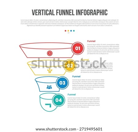 funnel vertical shape infographics template diagram with 3d layer stacked with circle badge on right side with 4 point step creative simple flat outline vector