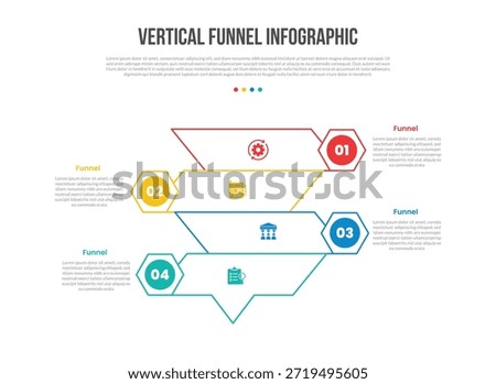 funnel vertical shape infographics template diagram with skew sharp box with hexagon edge opposite with 4 point step creative simple flat outline vector