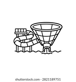 Funnel water slide icon with spiral tube and giant bowl for water park thrill attraction, aquatic adventure and summer recreation