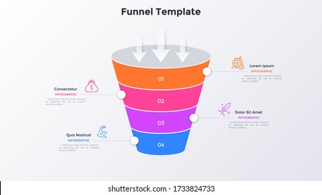 Funnel-shaped diagram divided into 4 colorful layers. Concept of four-stepped business model. Minimal infographic design template. Flat modern vector illustration for information visualization.