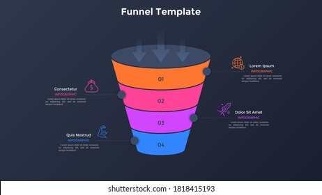 Funnel-shaped diagram divided into 4 colorful layers. Concept of four-stepped business model. Minimal infographic design template. Flat modern vector illustration for information visualization.