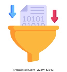 Funnelwith inward arrows and file, concept of data extraction flat icon 
 
