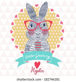 Funniest Easter card in vector. Cute rabbit hipster in cartoon style on modern seamless pattern