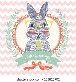 Funniest Easter card in vector. Cute rabbit hipster in cartoon style