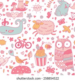 Funniest seamless pattern with sweet animals and lovely birds. Cute whale, sheep, owl, birds, rabbit, butterflies, amanita mushroom, cupcake, bee and bicycle in vector
