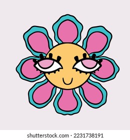 Funny 00s sticker of flowers. Hand drawn cartoon y2k illustration. Nostalgia for the 2000 years concept