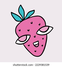 Funny 00s sticker of Strawberry. Hand drawn cartoon y2k illustration. Nostalgia for the 2000 years concept