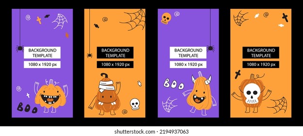 Funny 1080x1920 templates for Halloween. Storis on a purple and orange background with funny pumpkins