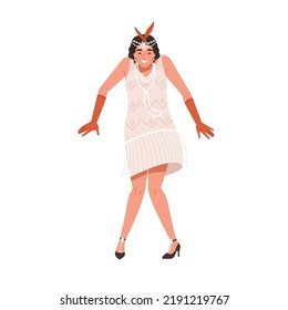 Divertida bailarina de los años 20 bailando charleston en la fiesta de Broadway de los 20. Feliz chica flapper con vestido de moda retro, accesorios del estilo de los años 30. Ilustración vectorial gráfica plana aislada en fondo blanco