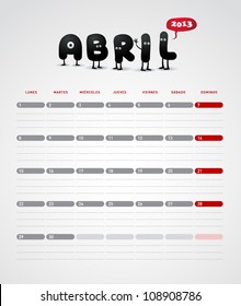 Funny 2013 vector calendar. April. In spanish.