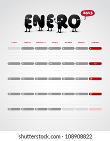 Funny calendario vectorial 2013. Enero. En español.