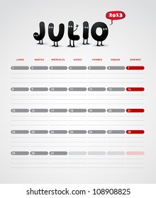 Funny calendario vectorial 2013. Julio. En español.