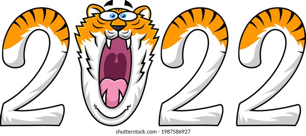 Funny 2022 Year Of The Tiger With Face Cartoon Character. Vector Hand Drawn Illustration Isolated On Transparent Background