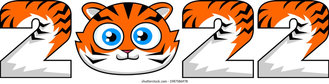Funny 2022 Year Of The Tiger With Face Cartoon Character. Vector Hand Drawn Illustration Isolated On Transparent Background