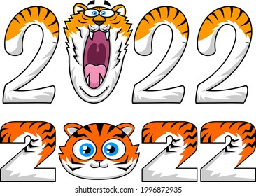 Funny 2022 Year Of The Tiger With Face Cartoon Characters. Vector Collection Set Isolated On White Background