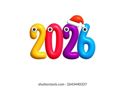 Personagens engraçados 2026 com olhos googly e chapéu de Santa para crianças decoração de férias. Perfeito para projetos de Ano Novo infantil, jogos educativos e desenhos sazonais bonitos. Ilustração de vetor