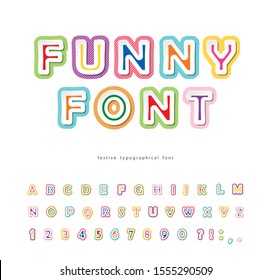 Funny 3d bright font. Modern cartoon ABC letters and numbers. Colorful alphabet for kids. For school, education, comic design. Isolated on white. Vector illustration