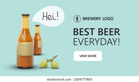 Funny 3d cartoon bottle of beer. Website page with button view more. Advertising poster concept for beverage company with the best beer everyday slogan. Flat vector illustration