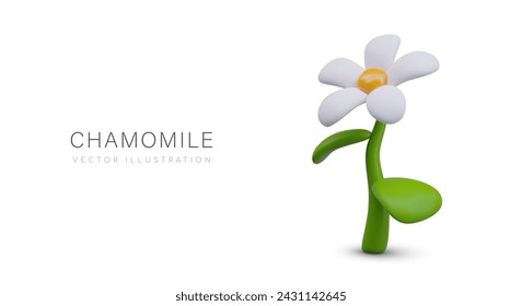 Funny 3D daisy on white background. Single chamomile. Cute flower in cartoon style