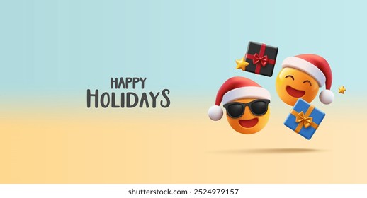 Lustige 3D Emoji in Weihnachtsmützen mit Geschenken. Frohe Feiertage. Frohe Weihnachten. Frohes neues Jahr. Banner für Grüße und Werbekonzepte zu Weihnachten. Vektorgrafik.