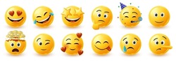 Funny 3d emoji faces. Yellow emoticon with love and star eye, happy laughing smiling face. Mind blown head explosion, wink, tongue. Vector illustration of emoji face expression, graphic application