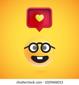 Funny 3D emoticon with 3D speech bubble and a heart, vector illustration