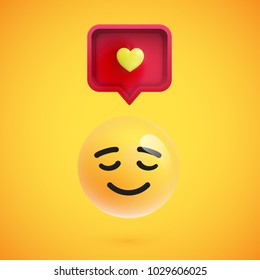 Funny 3D emoticon with 3D speech bubble and a heart, vector illustration
