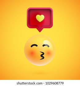 Funny 3D emoticon with 3D speech bubble and a heart, vector illustration