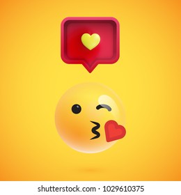 Funny 3D emoticon with 3D speech bubble and a heart, vector illustration