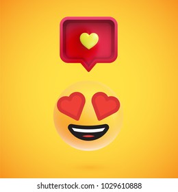 Funny 3D emoticon with 3D speech bubble and a heart, vector illustration