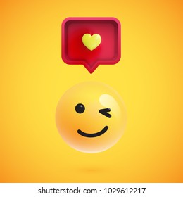 Funny 3D emoticon with 3D speech bubble and a heart, vector illustration