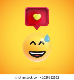 Funny 3D emoticon with 3D speech bubble and a heart, vector illustration