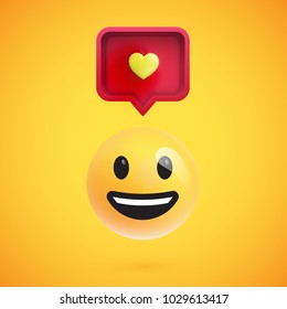 Funny 3D emoticon with 3D speech bubble and a heart, vector illustration