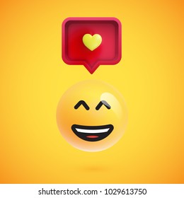 Funny 3D emoticon with 3D speech bubble and a heart, vector illustration