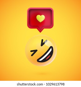 Funny 3D emoticon with 3D speech bubble and a heart, vector illustration