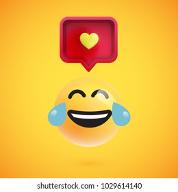 Funny 3D emoticon with 3D speech bubble and a heart, vector illustration