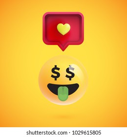Funny 3D emoticon with 3D speech bubble and a heart, vector illustration