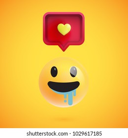 Funny 3D emoticon with 3D speech bubble and a heart, vector illustration