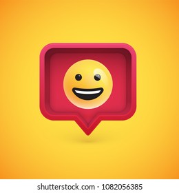 Funny 3D emoticon in 3D speech bubble, vector illustration