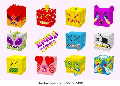 Funny 3D emoticons, pixel cubes art style /emoticons cubes/ Emoticons smileys, vector