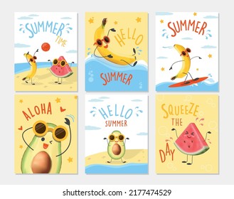 Funny 3d fruits Hello Summer, Set of summer cards, vector illustration id 3d style