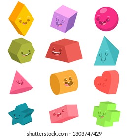 Funny 3D geometric shapes with different emotions. Vector cartoon flat cute characters set isolated on white background.